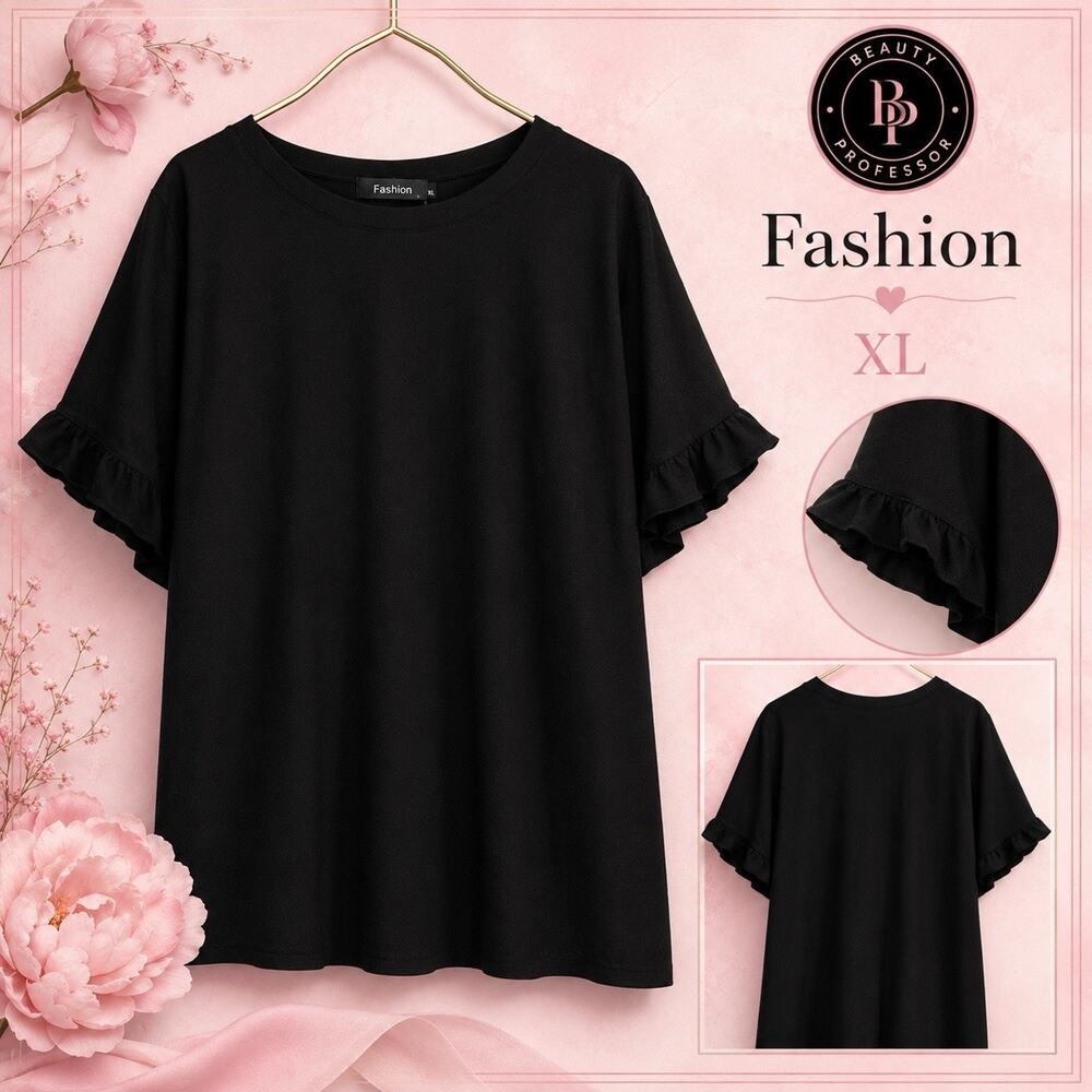 💋💞 Fashion Women's XL Black Ruffle Sleeve Top Short Sleeve Casual Blouse
